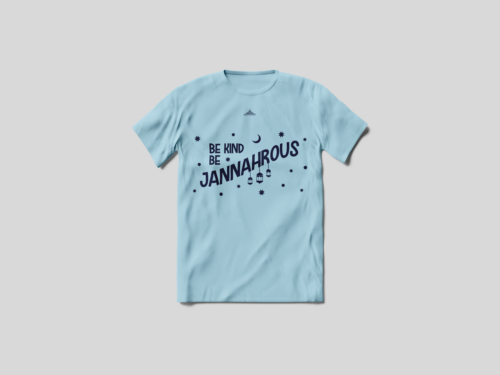 A blue t-shirt with be kind be jannahrous written on it.